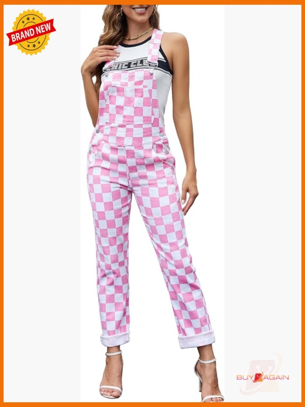 Checkered Bib Overalls Jumpsuit High Waist Denim Fashion Stretch